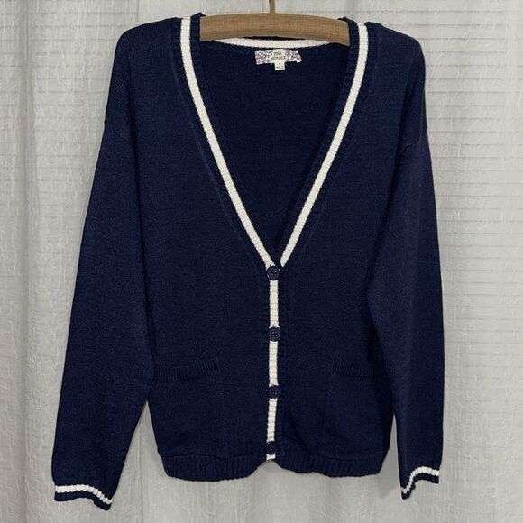 Pink Republic XS-S Navy White Stripe Knit Button V-Neck Cardigan with Pockets - Picture 6 of 16